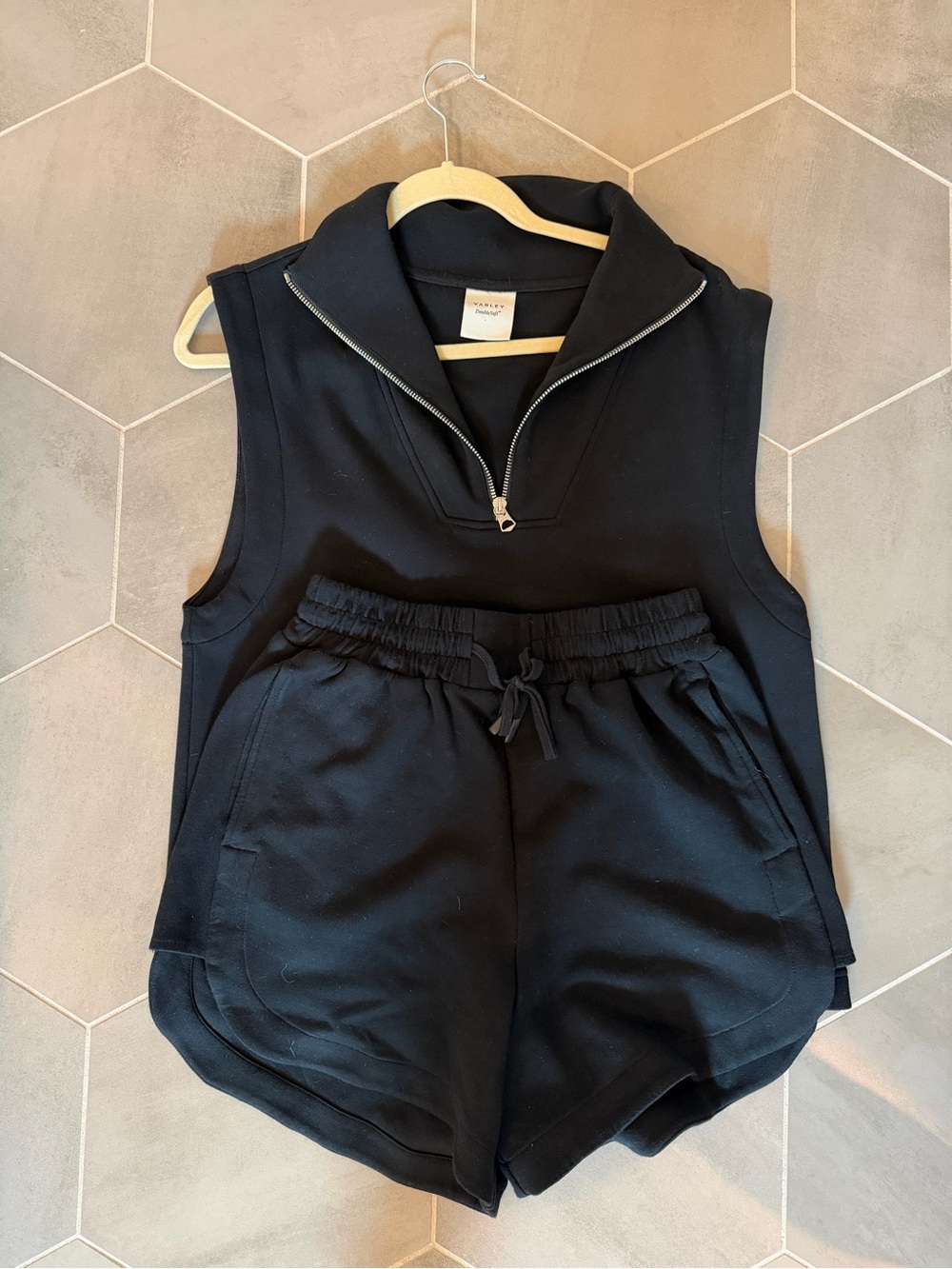 Varley Double Soft Sleeveless Half-Zip Top and Drawstring Shorts Set in Black
